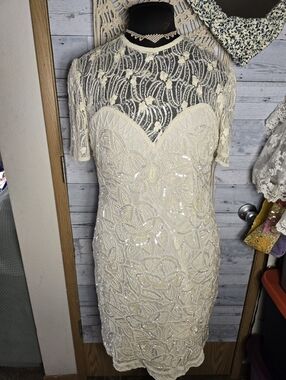 Vtg 80's Old Hollywood Glamour Ivory Lace & Sequin Beaded Silk Sheath Dress
